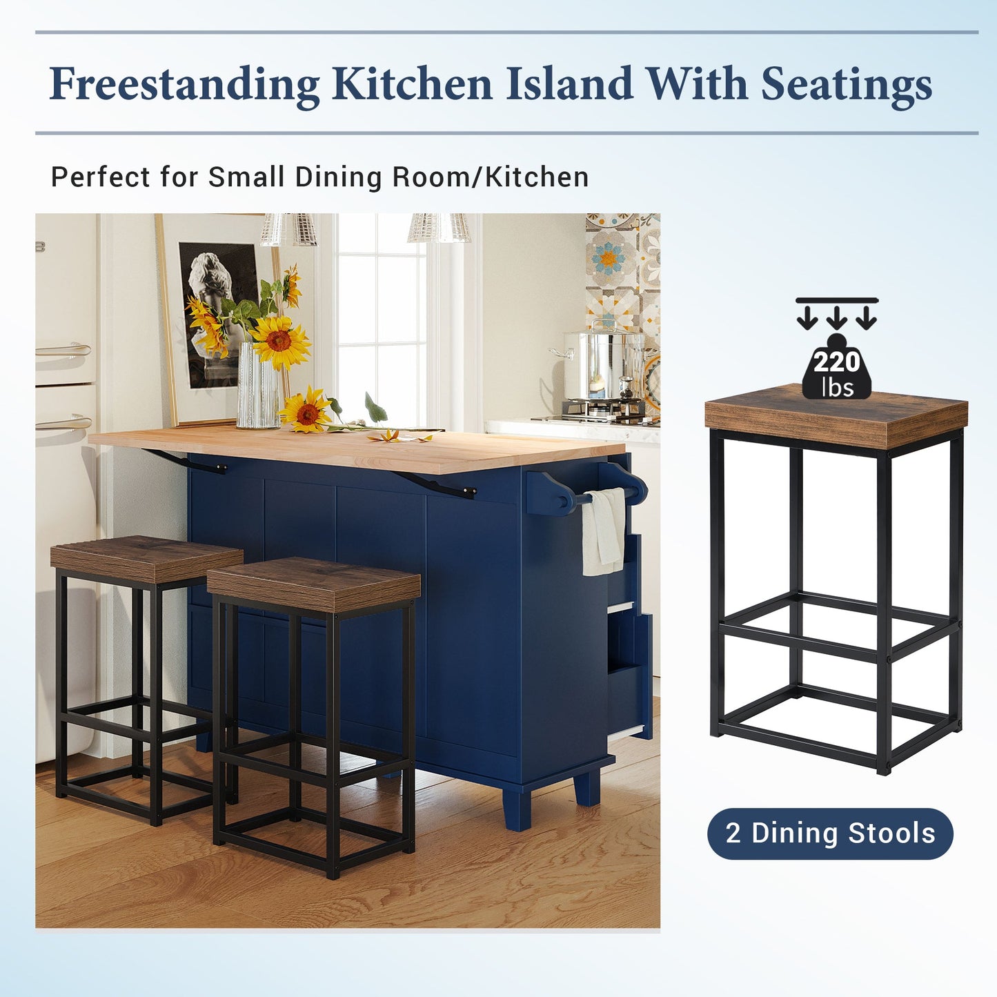Farmhouse Kitchen Island Set With Drop Leaf and 2 Seatings,Dining Table Set With Storage Cabinet, Drawers and Towel Rack