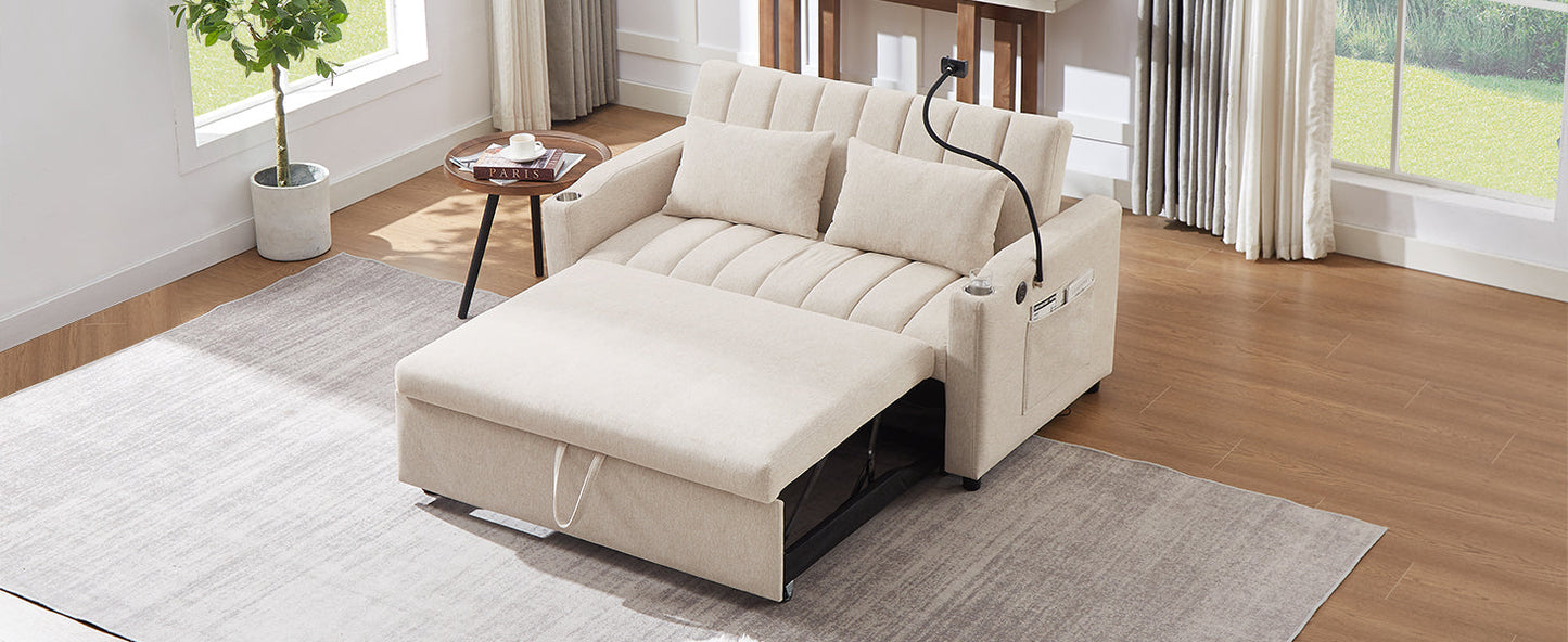 55.9" Convertible Sofa Bed Loveseat Sofa With Three USB Ports, Two Side Pockets, Two Cup Holders