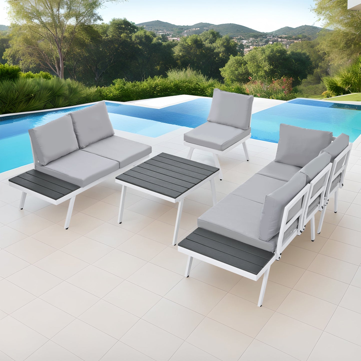 Industrial 5-Piece Aluminum Outdoor Patio Furniture Set, Modern Garden Sectional Sofa Set With End Tables, Coffee Table