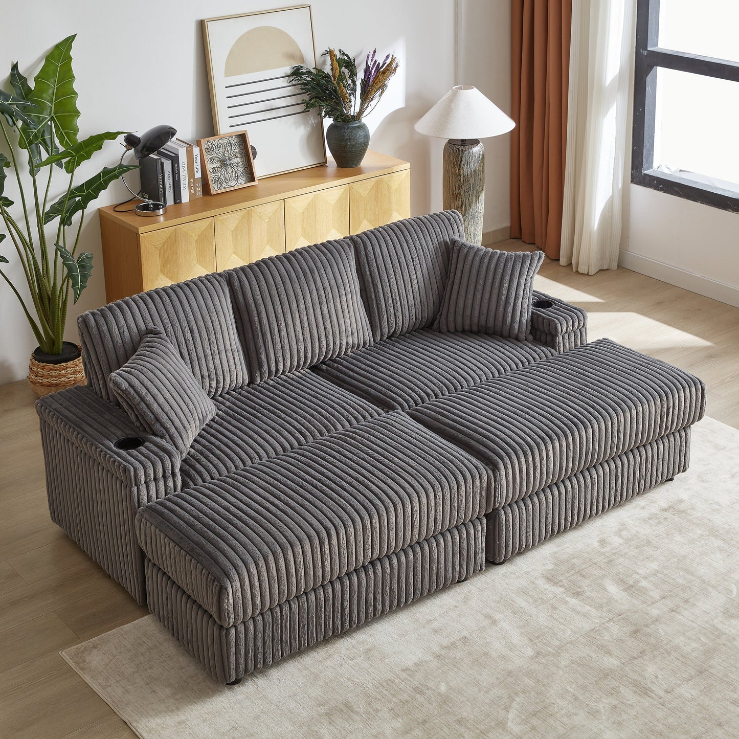 84Inch Corduroy 3-Seater Sofa With 3 Back Pillows ,2 Toss Pillows , a Ottoman ,2storage Spaces and Cup-Holding Grooves