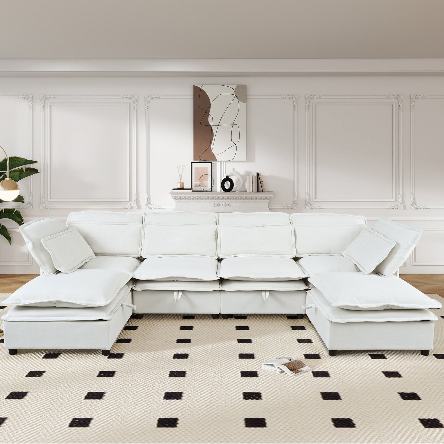 Double-Layer Cushion Modern Large U-Shaped Modular Sofa, Freely Combinable 6-Seater With Storage Function, Convertible