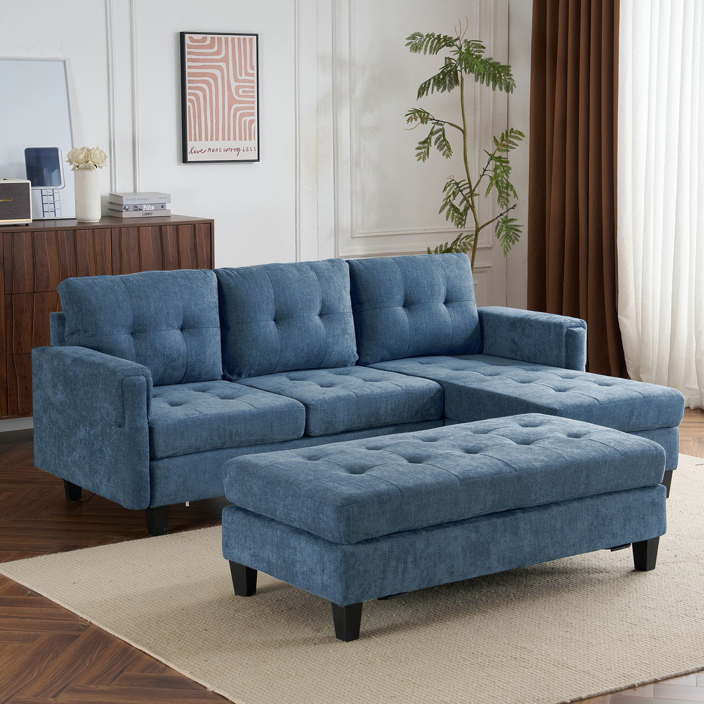 83.4" L-Shaped Sofa Sectional Couch Sofa Bed With Two USB Ports, a Movable Ottoman and a Reversible Chaise Lounge