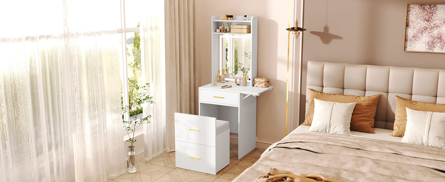 Small Vanity Desk With Mirror and Light, Dressing Table With Charging Station & Fold-Up Panel for Small Space, Compact