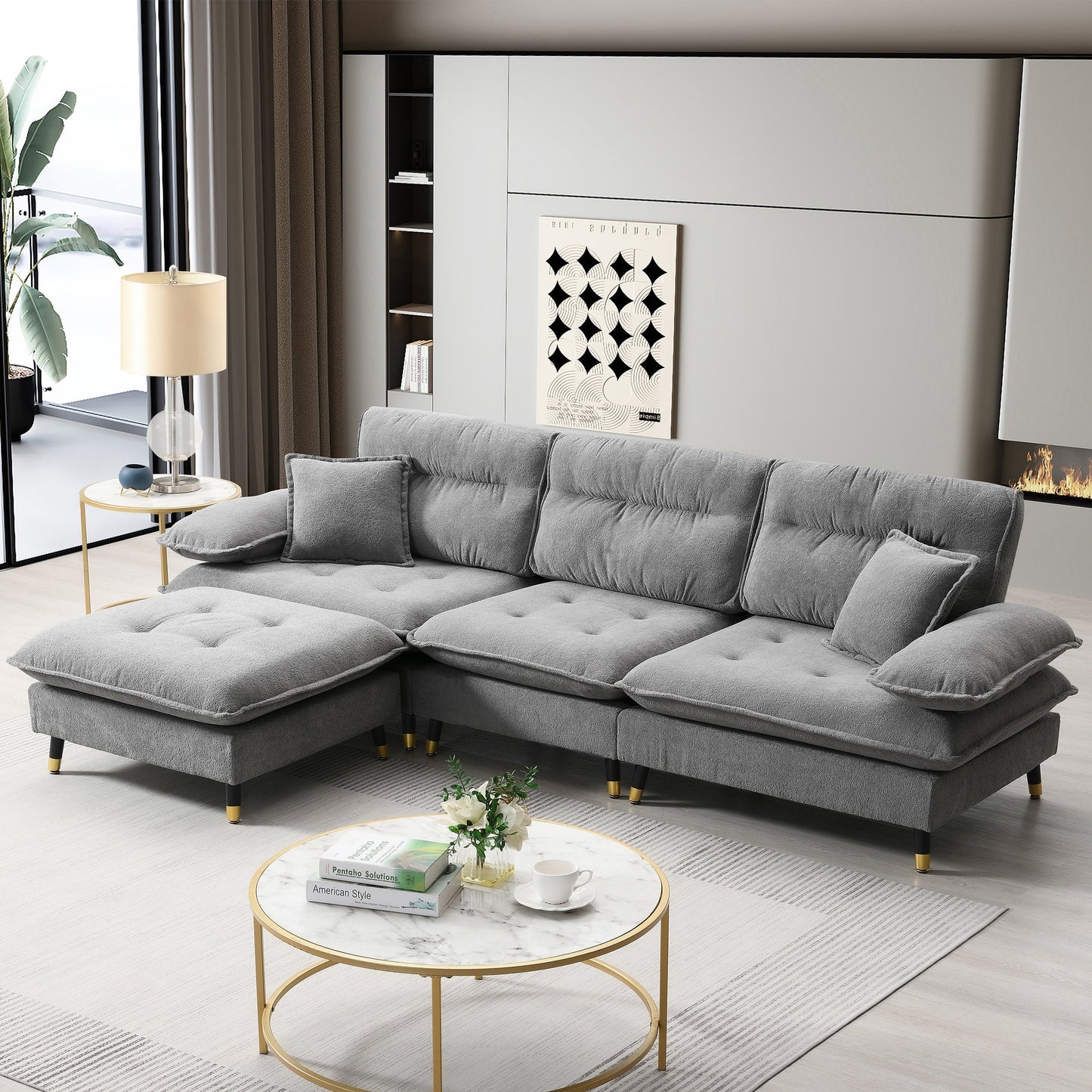 106*66.5" L Shaped Convertible Sectional Sofa,4 Seat Tufted Couch Set With Two-Tone Adjust Legs,Cloud Chenille Fabric