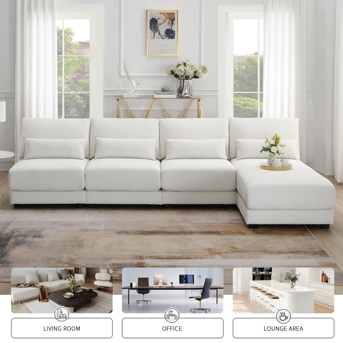 120*61" Oversized Deep Seat Sectional Sofa With Reversible Chaise,Loop Yarn Fabric 5-Seat Armless Indoor Furniture
