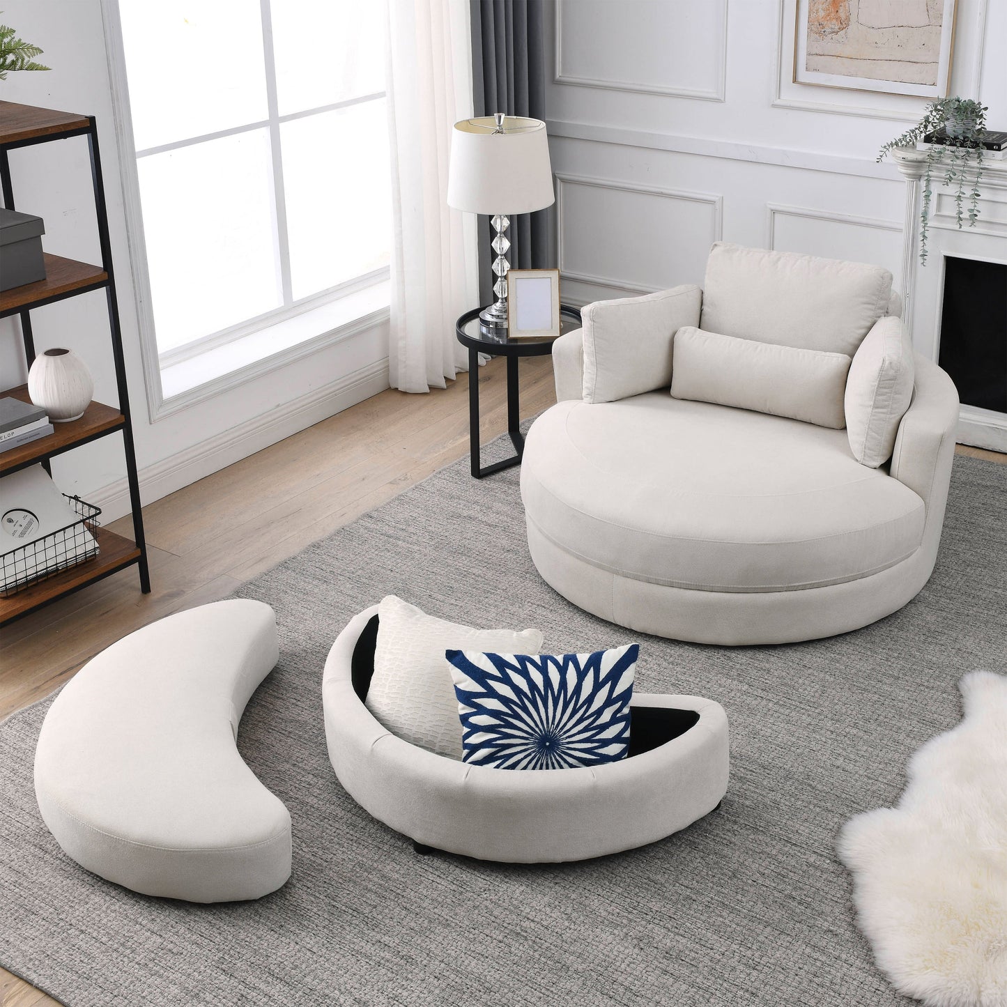 Swivel Accent Barrel Modern Sofa Lounge Club Big Round Chair With Storage Ottoman Linen Fabric for Living Room