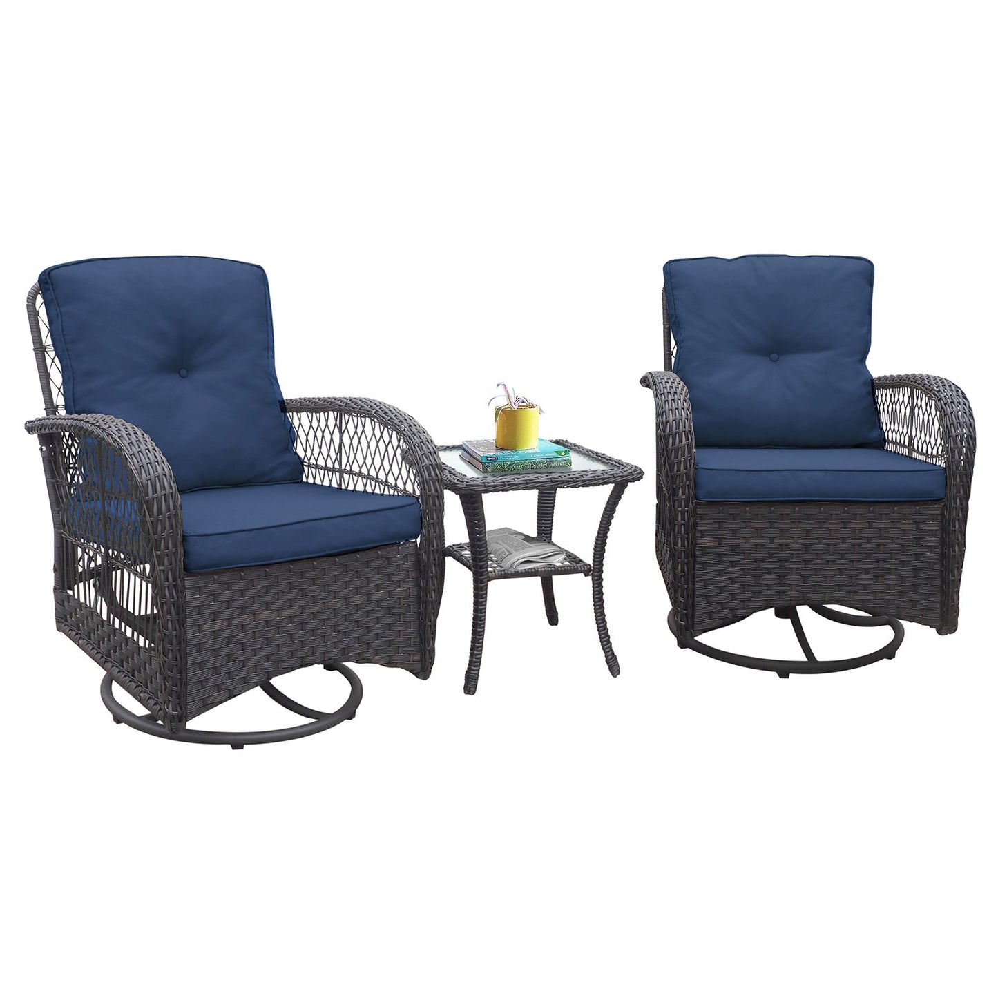 360-Degree Patio Wicker Swivel Rocker Chairs Set; Outdoor Rattan Rocking Bistro Sets With Cushions and Table