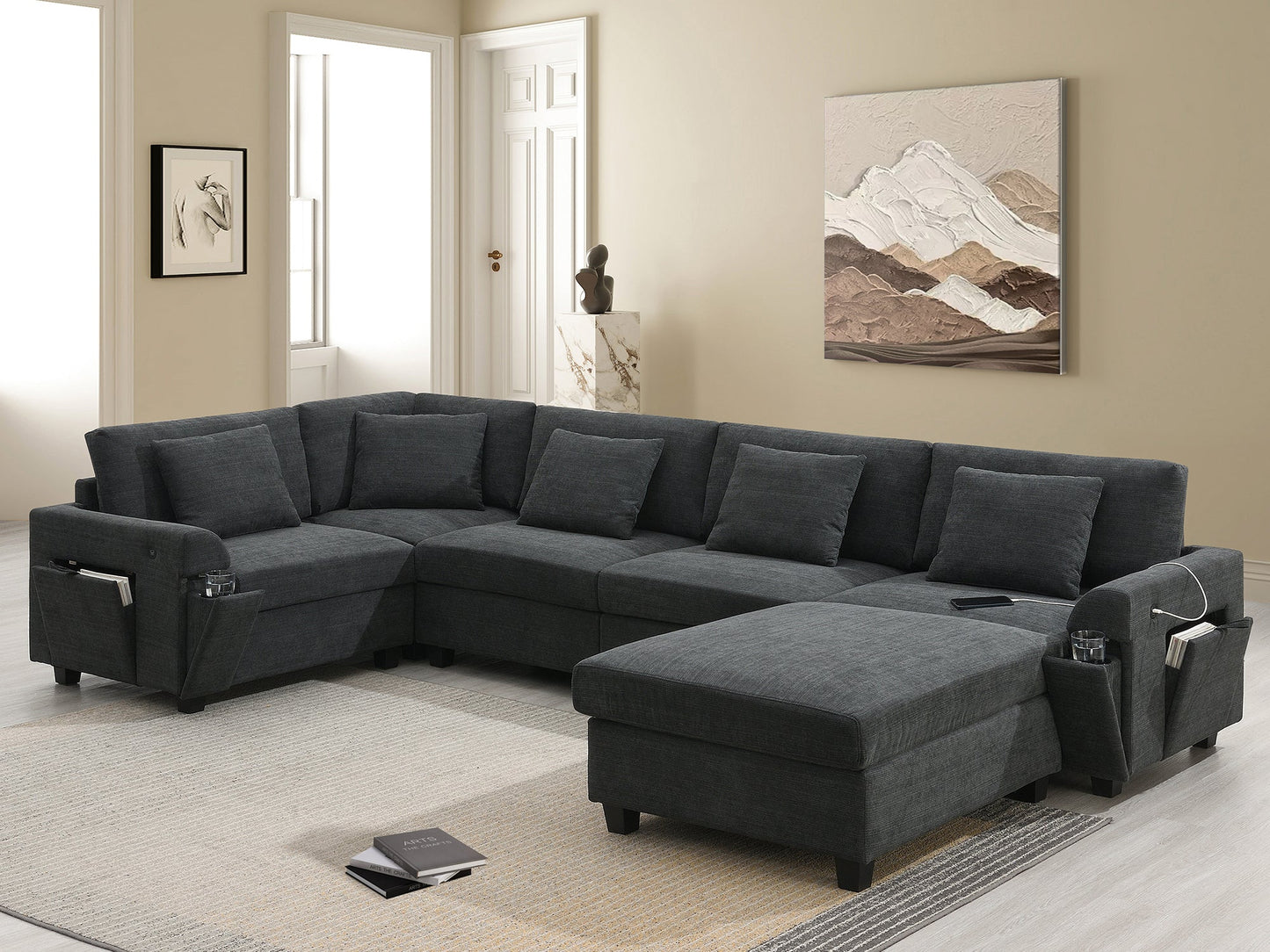 128*67" U Shaped Sectional Sofa,6 Seat Chenille Couch Set With Oversized Ottoman,Hidden Armrest Storage and Cup Holders