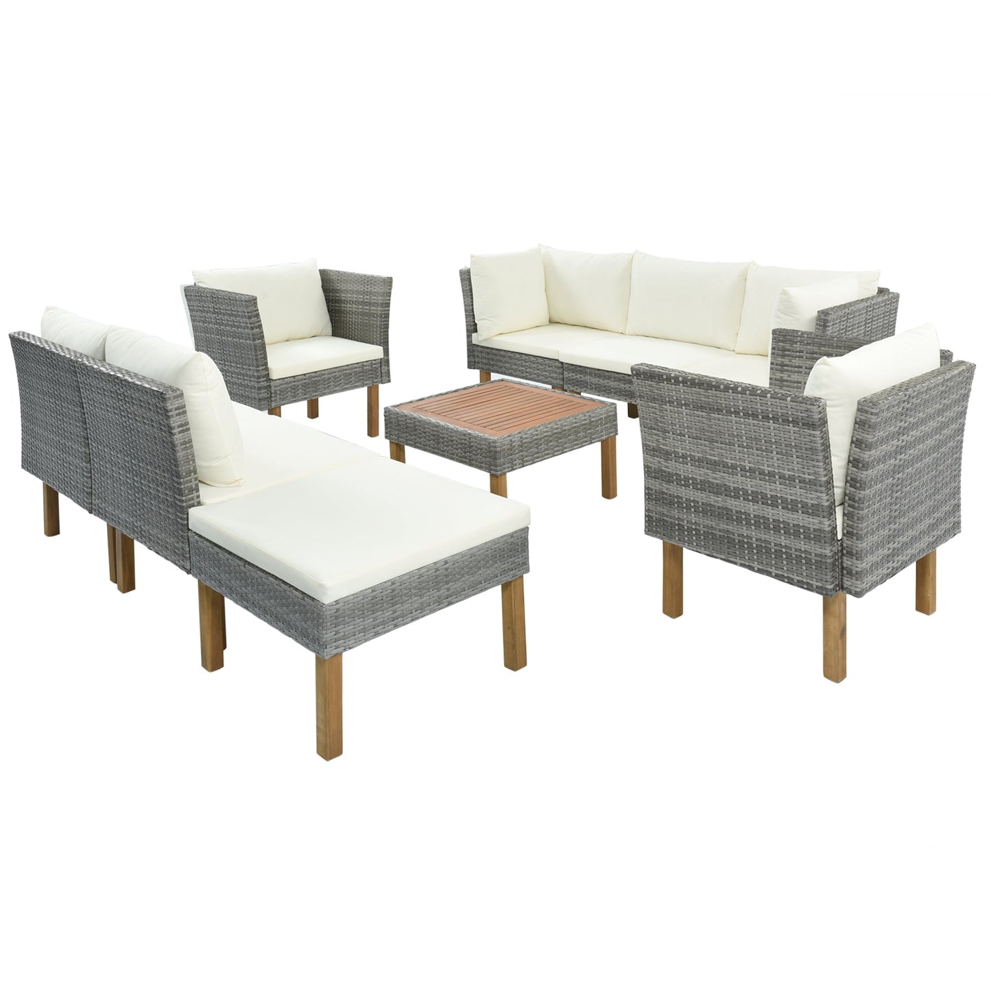9-Piece Outdoor Patio Garden Wicker Sofa Set, Gray PE Rattan Sofa Set, With Wood Legs, Acacia Wood Tabletop