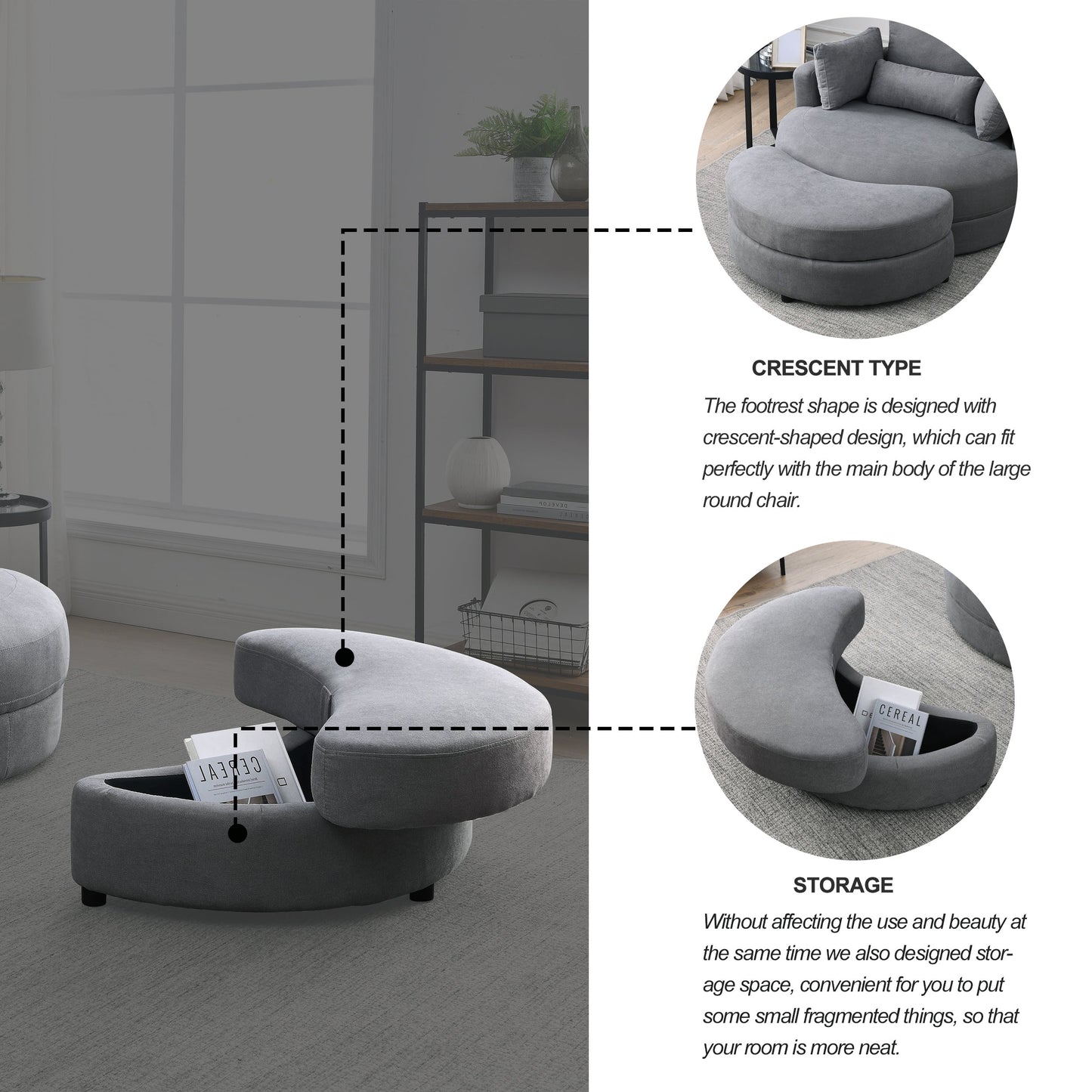 Swivel Accent Barrel Modern Dark Grey Sofa Lounge Club Big Round Chair With Storage Ottoman Linen Fabric for Living Room