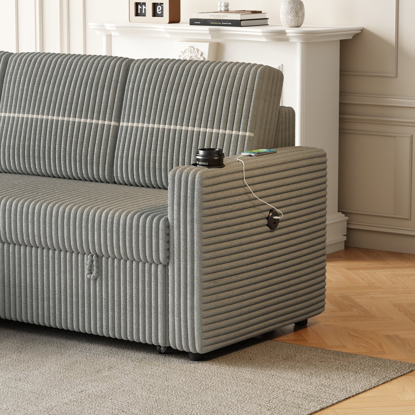 85 Inches Corduroy Sofa Bed, 3 Seater Sleeper Sofa With Storage Chaise, Square Handrail With Two Cup-Holder and USB Charger