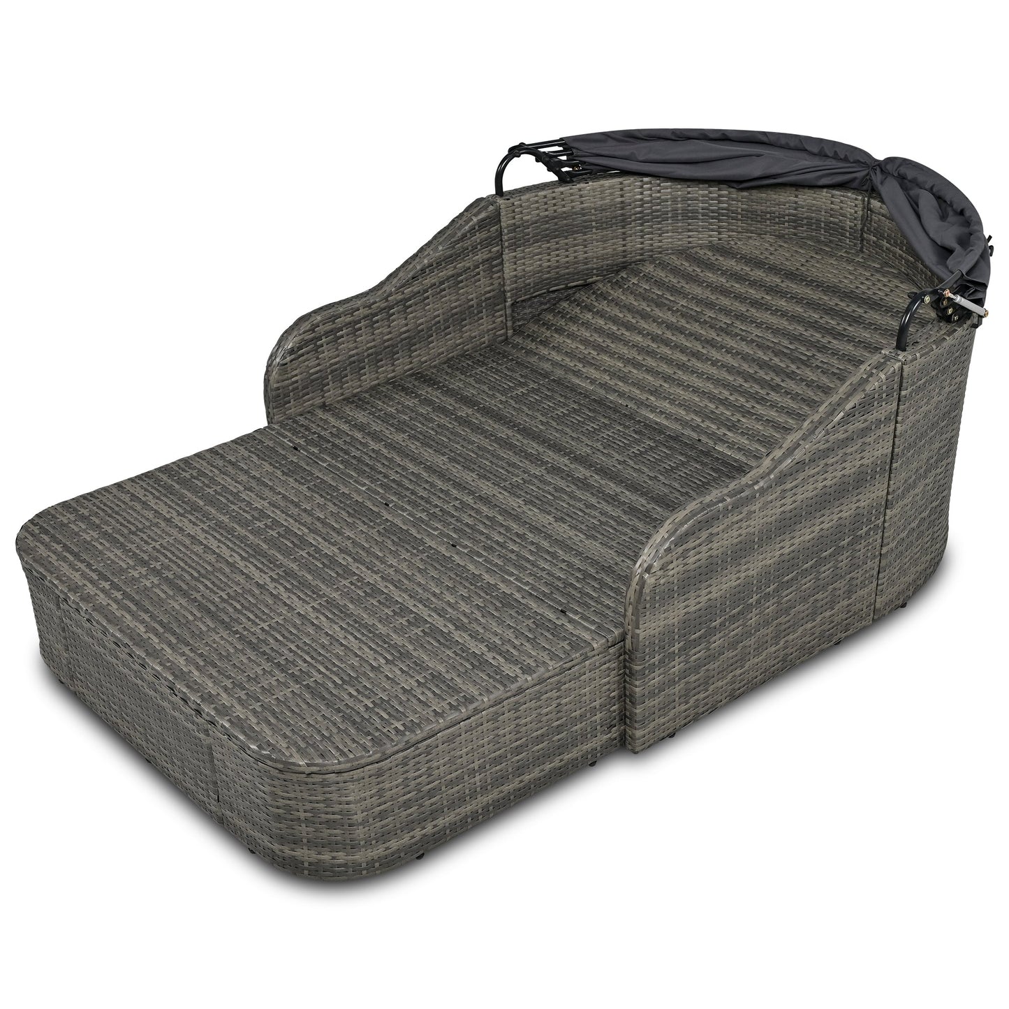 79.9" Outdoor Sunbed With Adjustable Canopy, Double Lounge, PE Rattan Daybed, Gray Wicker and Cushion