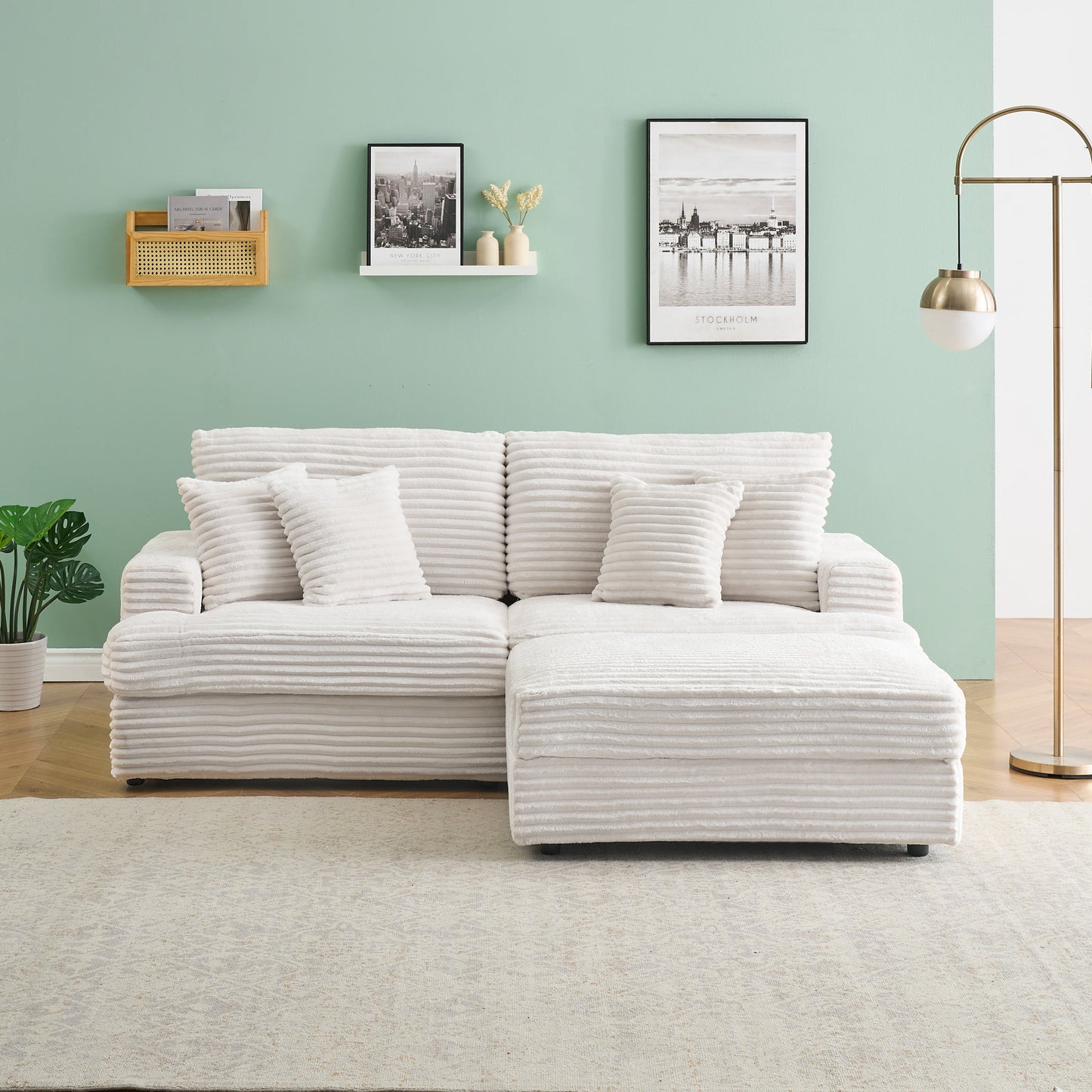 82 Inches White Corduroy Sofa, Storage Feet +4 Throw Pillows, Create a Living Room, Office Fashion New Darling