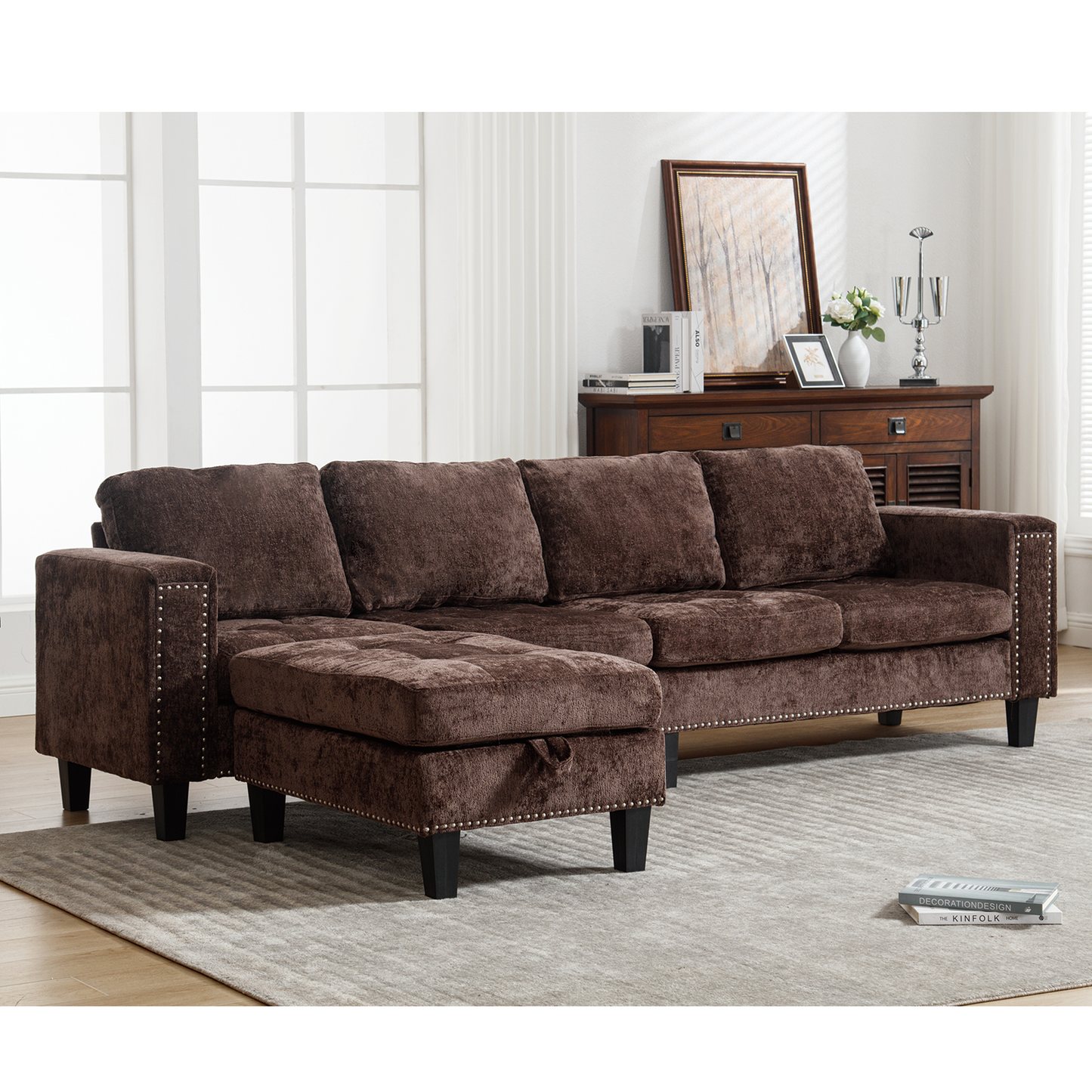 5 Seat Modular Sofa,with Storage Ottoman, Convertible Sectional Sofa, L Shaped Couch , Reversible Chaise ,Riveted Sofa