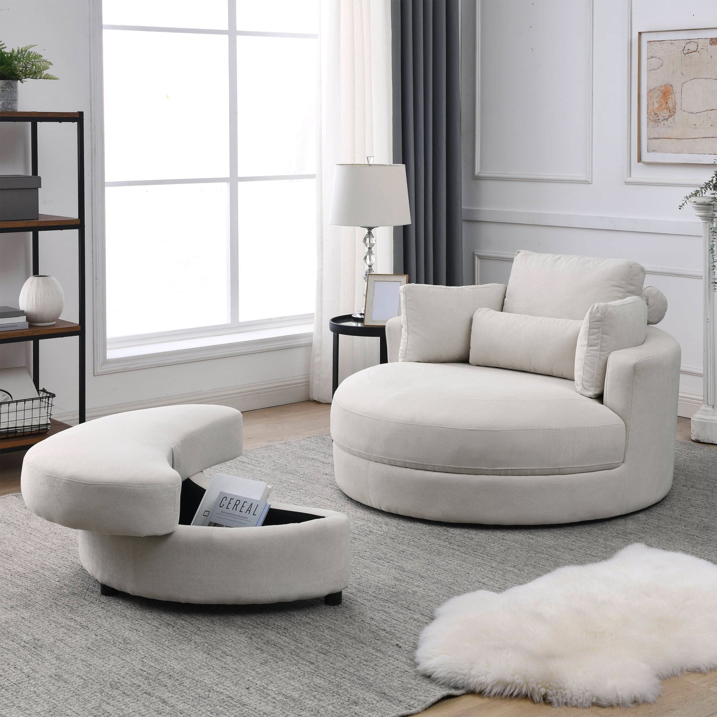 Swivel Accent Barrel Modern Sofa Lounge Club Big Round Chair With Storage Ottoman Linen Fabric for Living Room