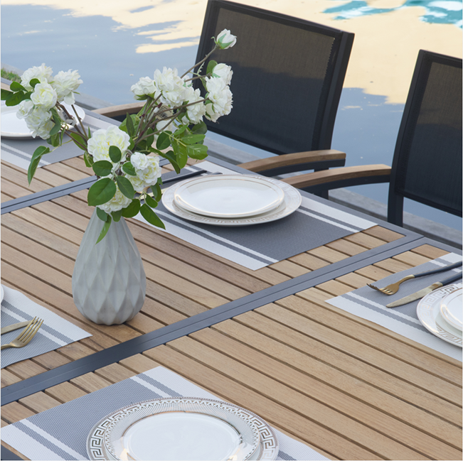 HIGOLD Heck 8+1 Pieces Teak Aluminum Outdoor Dining Set for 8 Person, Extendable Table and Stackable Chair, Charcoal Black