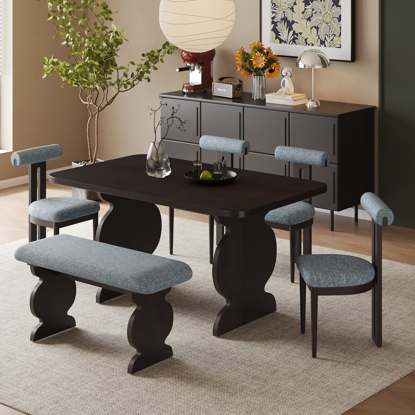 6-Piece Dining Set, Mid-Century Modern Table Set for 6 Persons With 4 Chairs and Bench, Padded Seats and Backrest