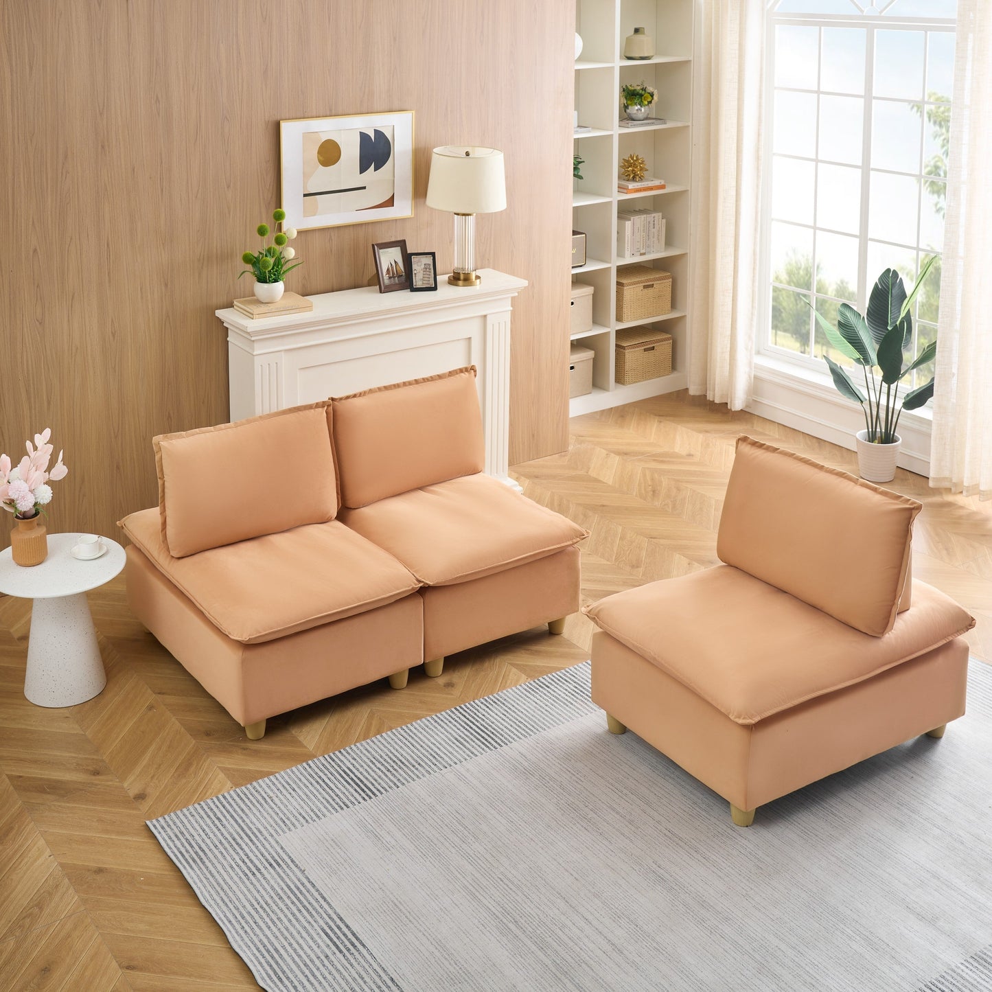 88-Inch Simple, Modern and Ultra-Comfortable Straight-Row Three-Seater Pumpkin-Colored Flannel Sofa