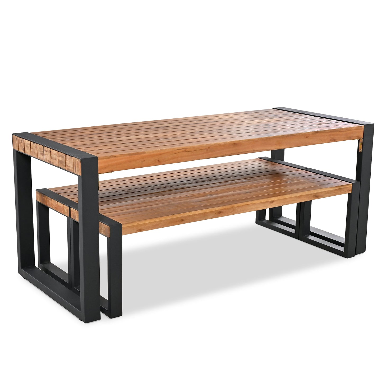 3-Pieces Outdoor Dining Table With 2 Benches, Patio Dining Set With Unique Top Texture, Acacia Wood Top & Steel Frame