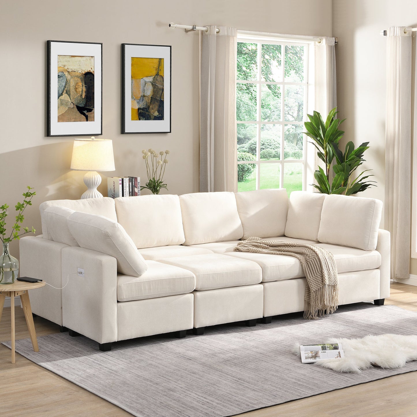 103" Sectional Sofa Couch Sofa Bed U-Shaped Sofa With Two Movable Ottoman and Three USB Ports for Living Room, Beige