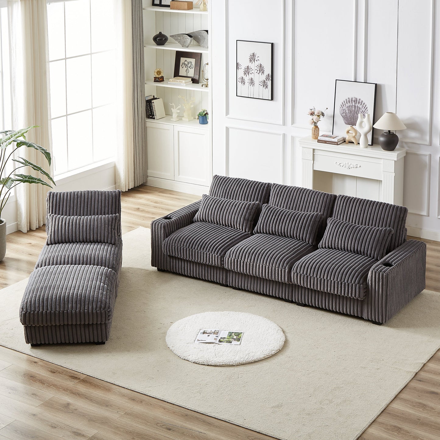126-Inch Corduroy With Cup Holder Super Large L-Shaped Sofa, Movable Footrest, Four Waist Pillows and Four Back Cushion