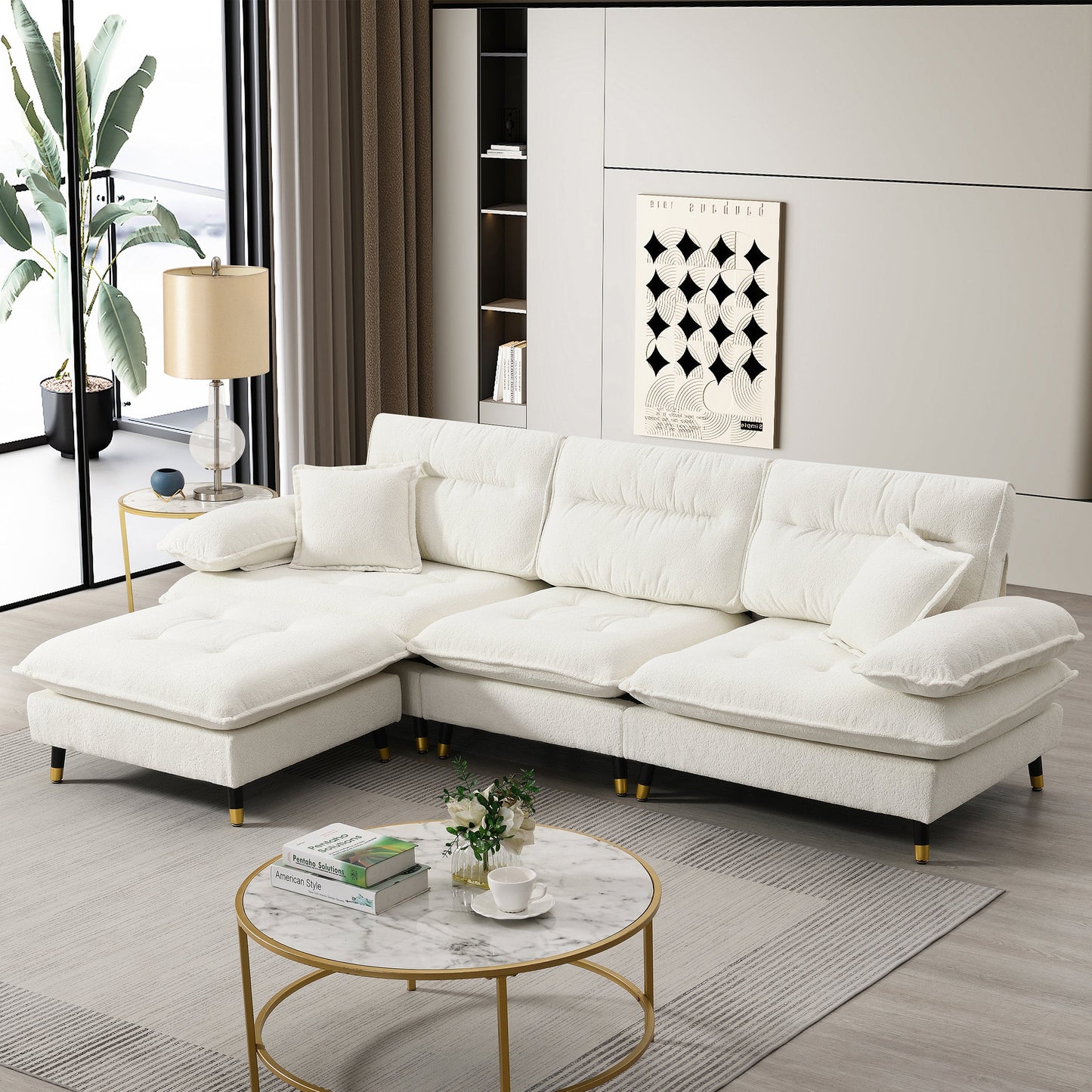 106*66.5" L Shaped Convertible Sectional Sofa,4 Seat Tufted Couch Set With Two-Tone Adjust Legs,Cloud Chenille Fabric