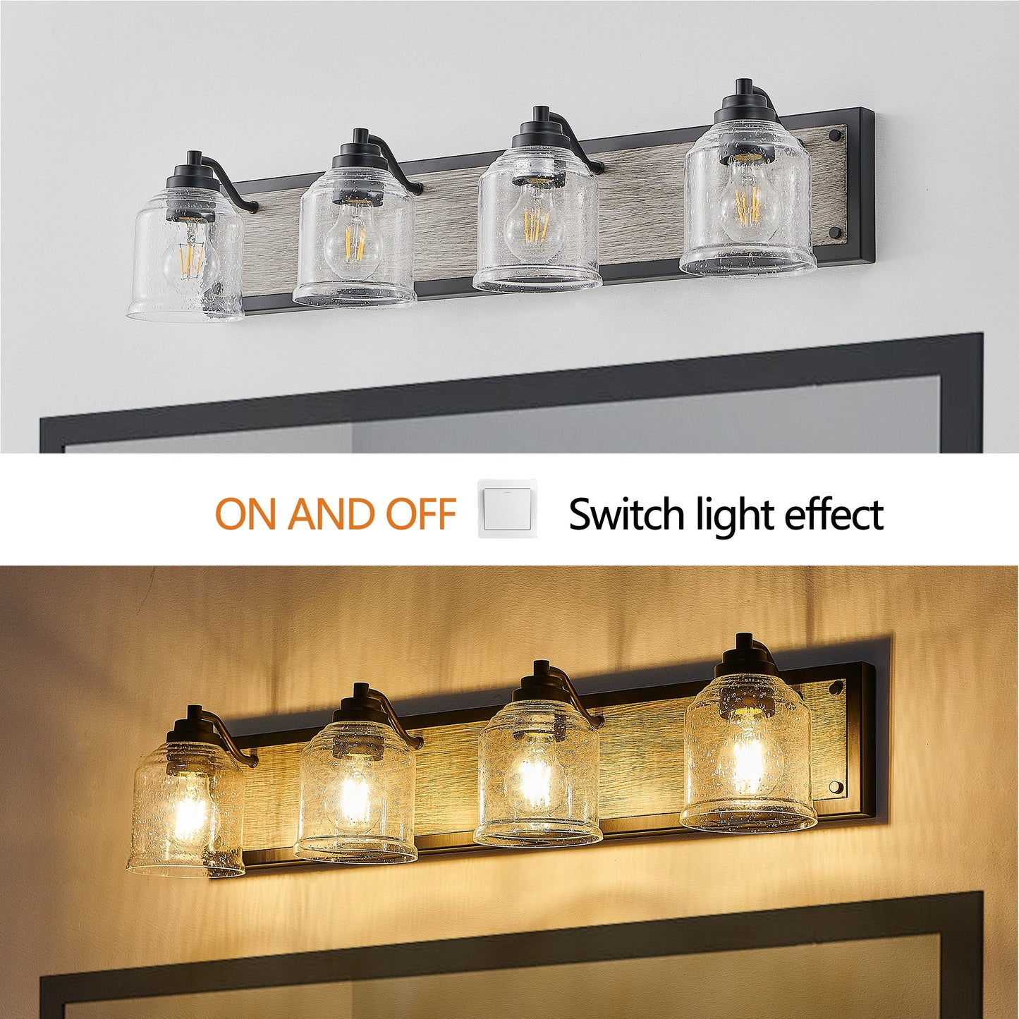 Farmhouse Vanity Light Fixture, 4-Light Bathroom Wall Sconce With Clear Seeded Glass Shades, Rustic Black Finish