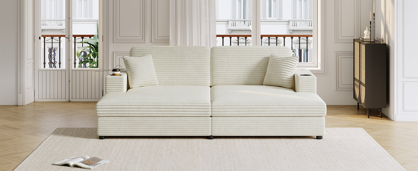 86.5" Oversized Loveseat Chaise Lounge Sectional Sofa Bed Corduroy Sleeper Sofa With Two USB Ports , Two Cup Holders