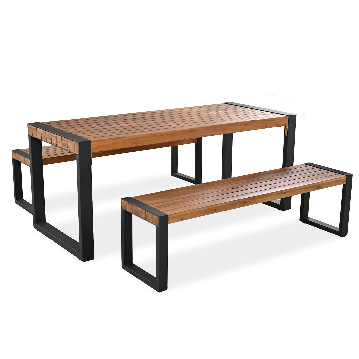 3-Pieces Outdoor Dining Table With 2 Benches, Patio Dining Set With Unique Top Texture, Acacia Wood Top & Steel Frame