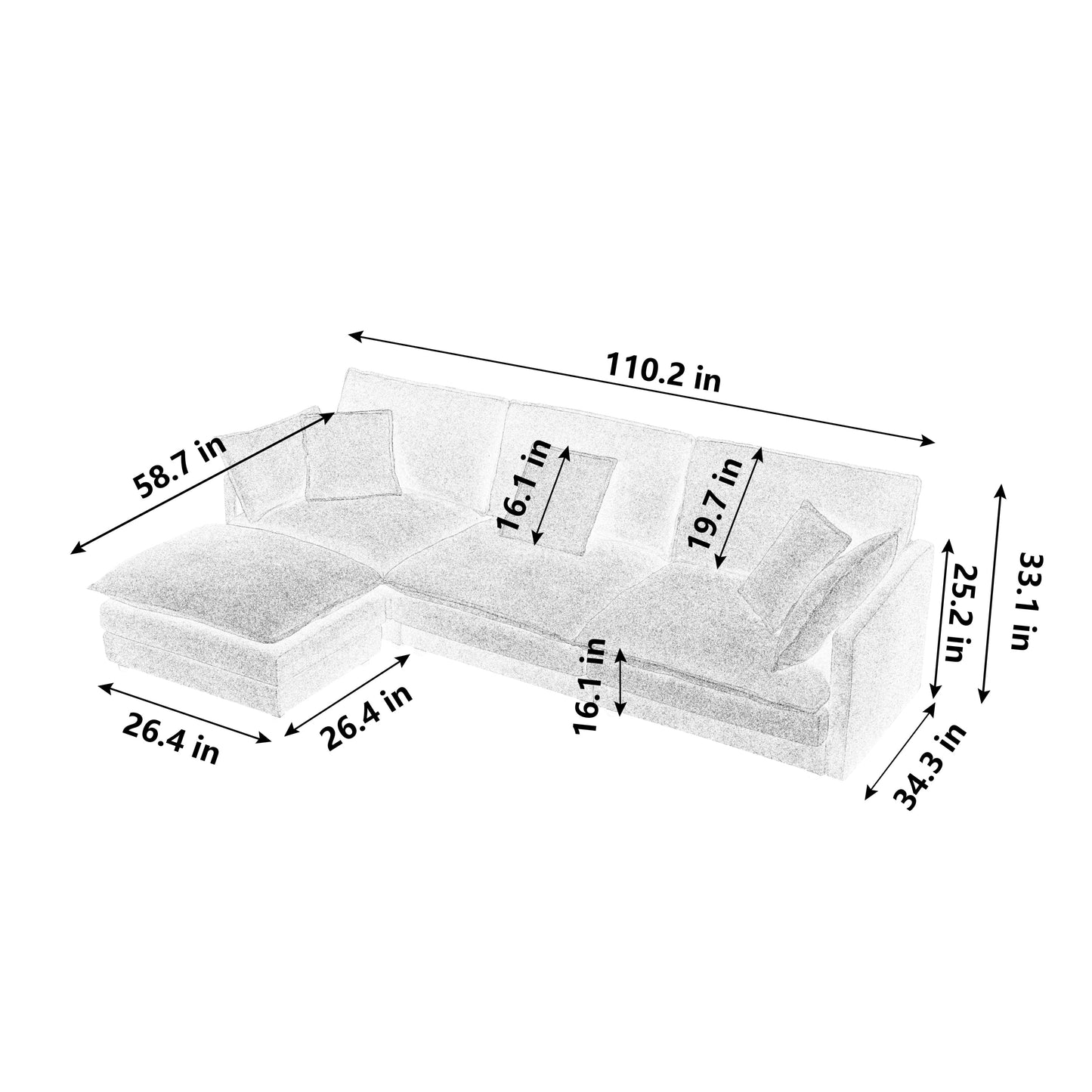 Modern Home Living Room L-Shaped Sectional Sofa Couches With Storage Ottoman, Convertible Oversized 4 Seater Couch
