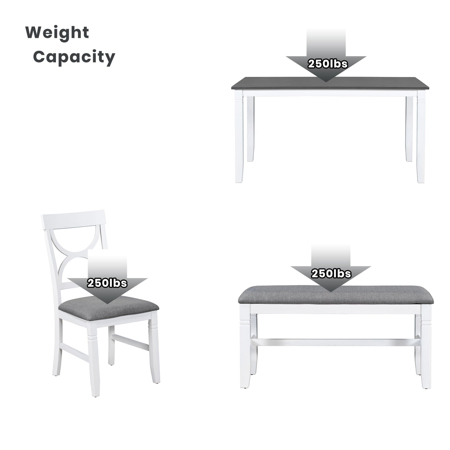 6-Piece Wood Dining Table Set Kitchen Table Set With Upholstered Bench and 4 Dining Chairs, Farmhouse Style,Gray+White