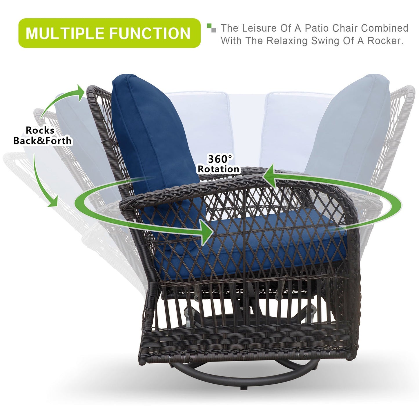 360-Degree Patio Wicker Swivel Rocker Chairs Set; Outdoor Rattan Rocking Bistro Sets With Cushions and Table