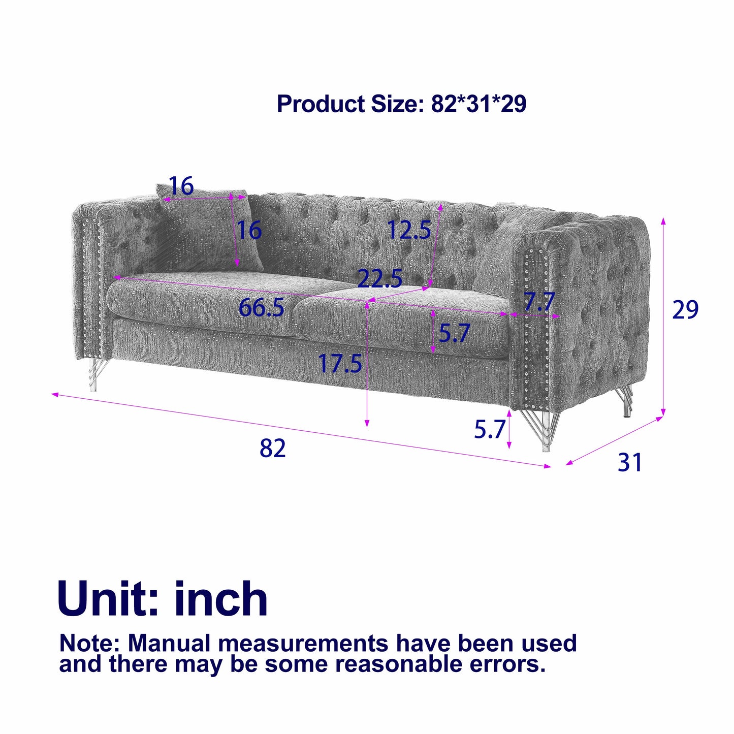 82-Inch Chenille Pull Buckle Design Sofa for Living Room,Buttons Tufted With Copper Nail Decoration Armrest, Modern Couch