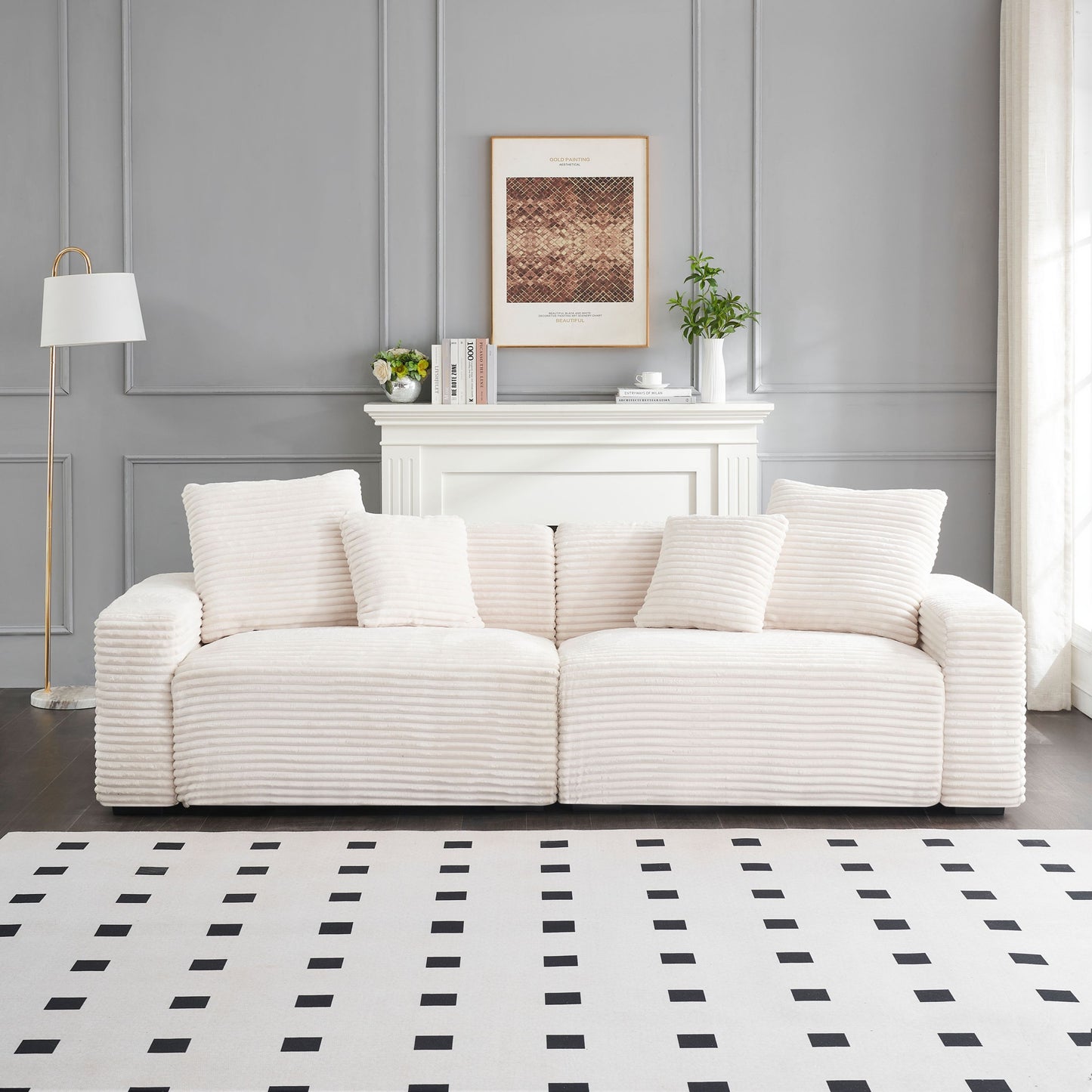 104.72-Inch 4-Seat Large Sofa With 4 Throw Pillows, Living Room Sofa Beige Corduroy Fabric