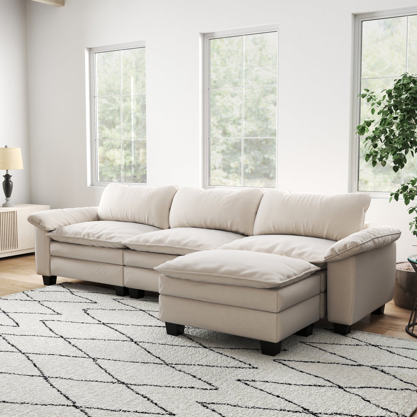 Living Room Furniture Luxury Sectional Sofa Couch With Ottoman Soft Velvet Upholstered Sofa Beige