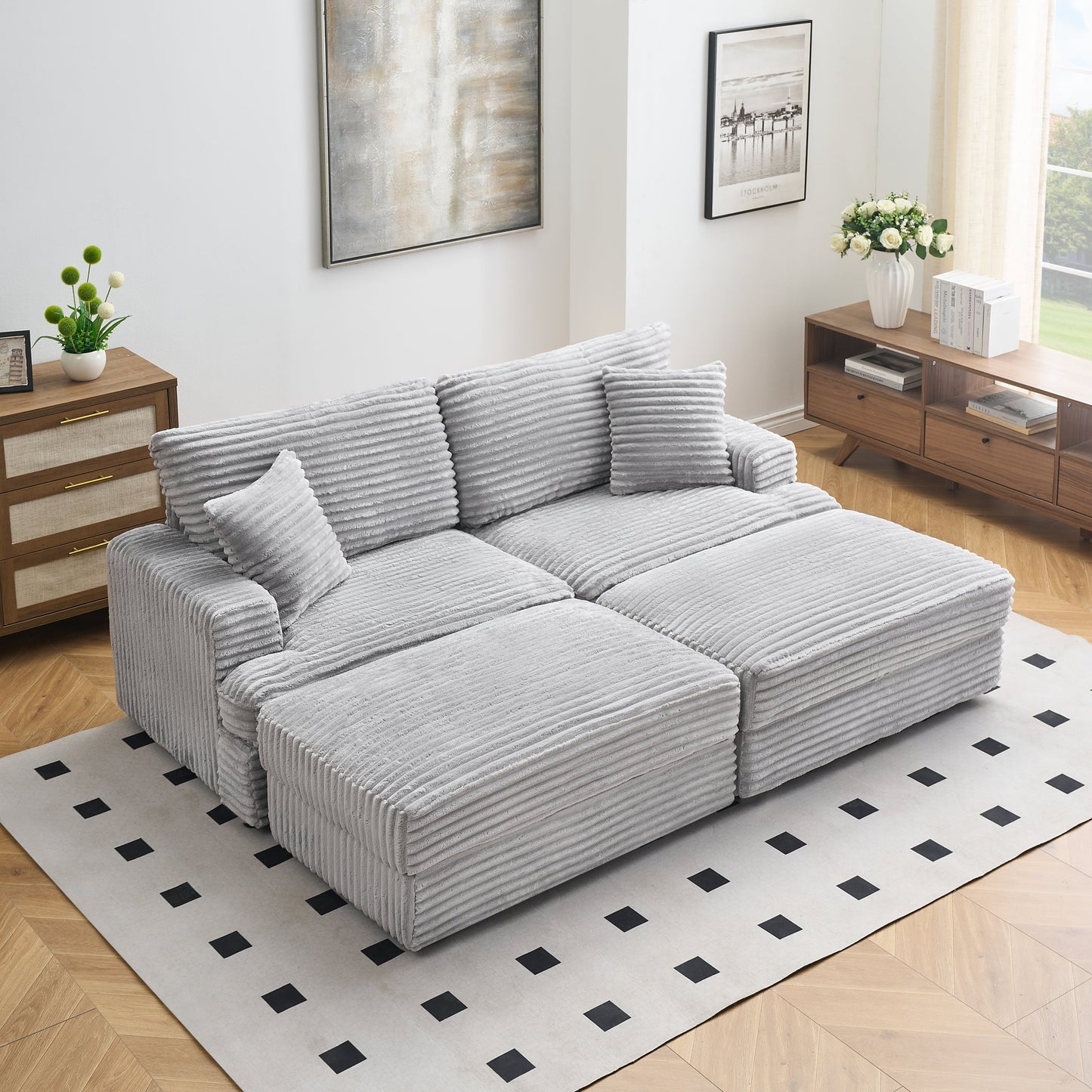 82 Inches Gray Corduroy Sofa, Two Storage Feet +4 Throw Pillows, Create a Living Room, Office Fashion New Darling