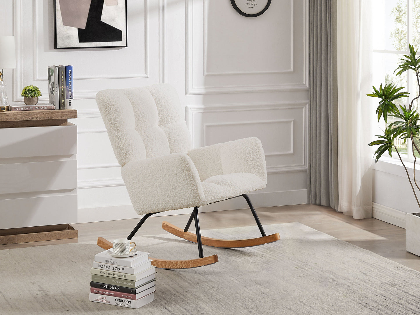 Comfy Upholstered Lounge Chair Rocking Chair With High Backrest, for Nursing Baby, Reading, Napping OFF WHITE