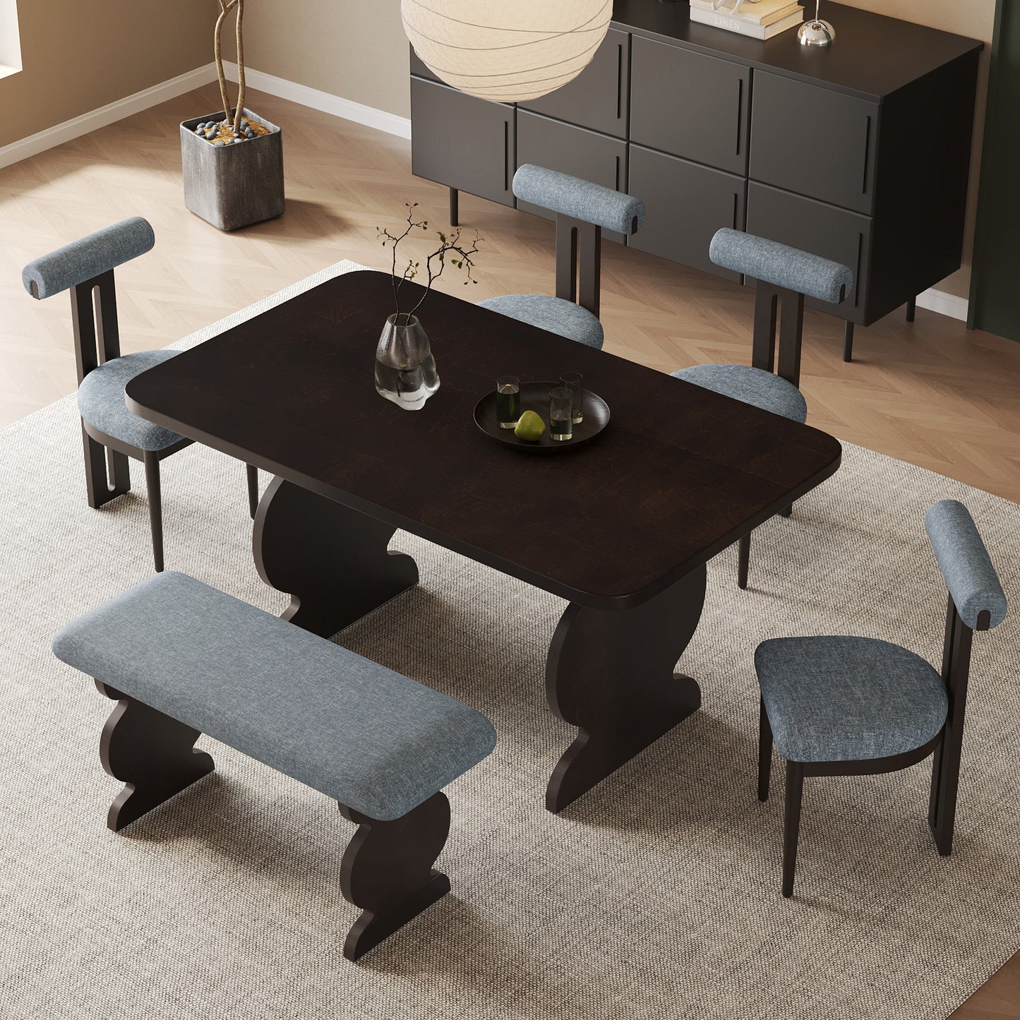 6-Piece Dining Set, Mid-Century Modern Table Set for 6 Persons With 4 Chairs and Bench, Padded Seats and Backrest