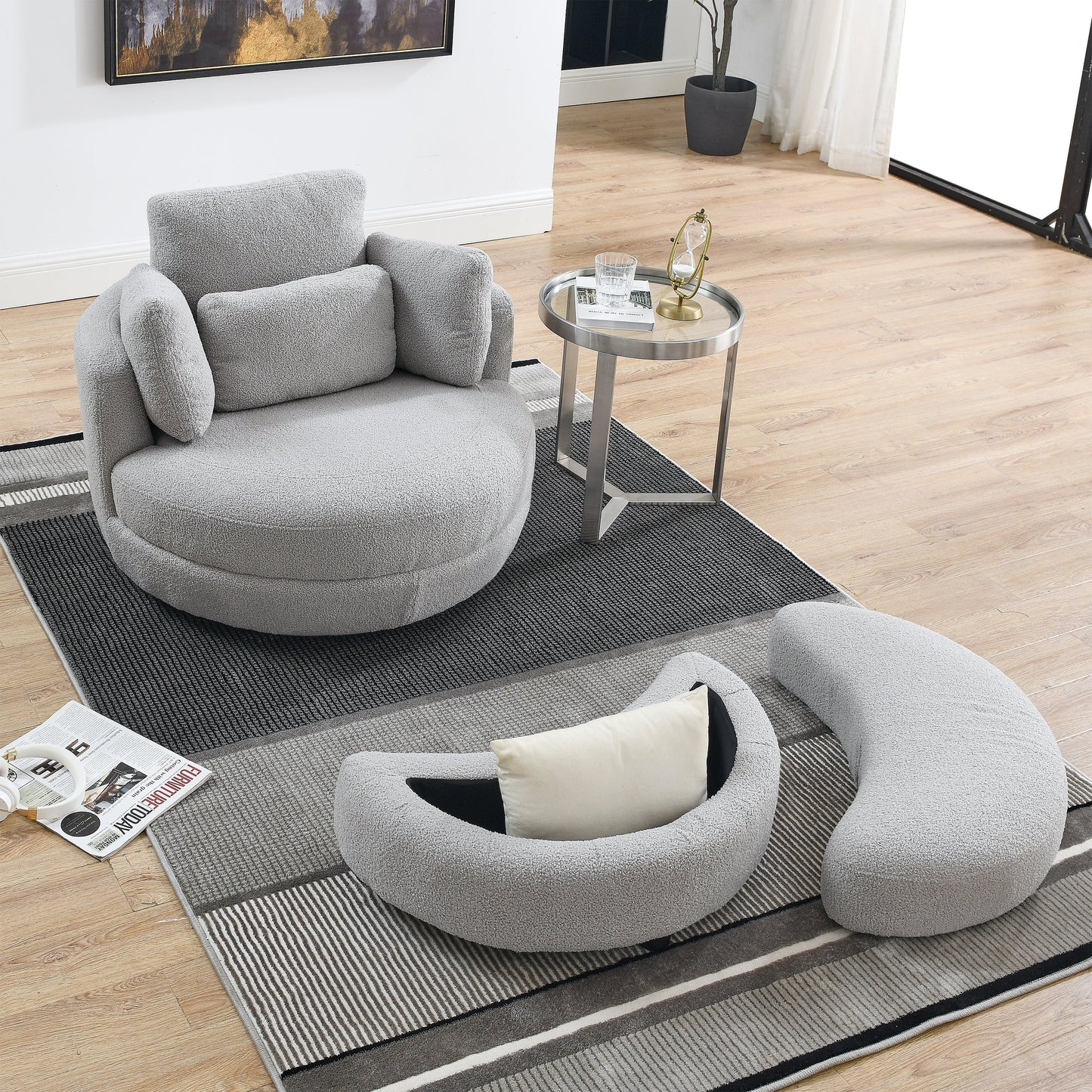 39"W Oversized Swivel Chair With Moon Storage Ottoman for Living Room, Modern Accent Round Loveseat Circle