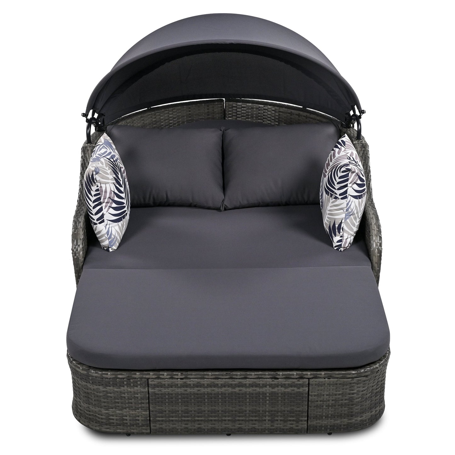 79.9" Outdoor Sunbed With Adjustable Canopy, Double Lounge, PE Rattan Daybed, Gray Wicker and Cushion