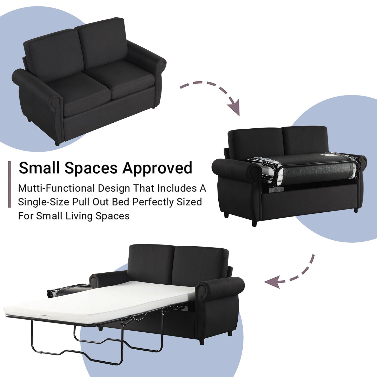 57.9" Pull Out Sofa Bed Loveseat Sleeper With Twin Size Memory Mattress With Two USB Ports for Living Room Spaces, Black