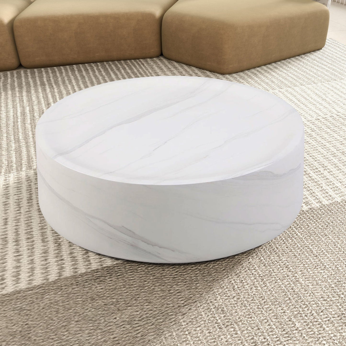 31.49'' Round Coffee Table,Sturdy Fiberglass Table for Living Room, White, No Need Assembly.WHITE