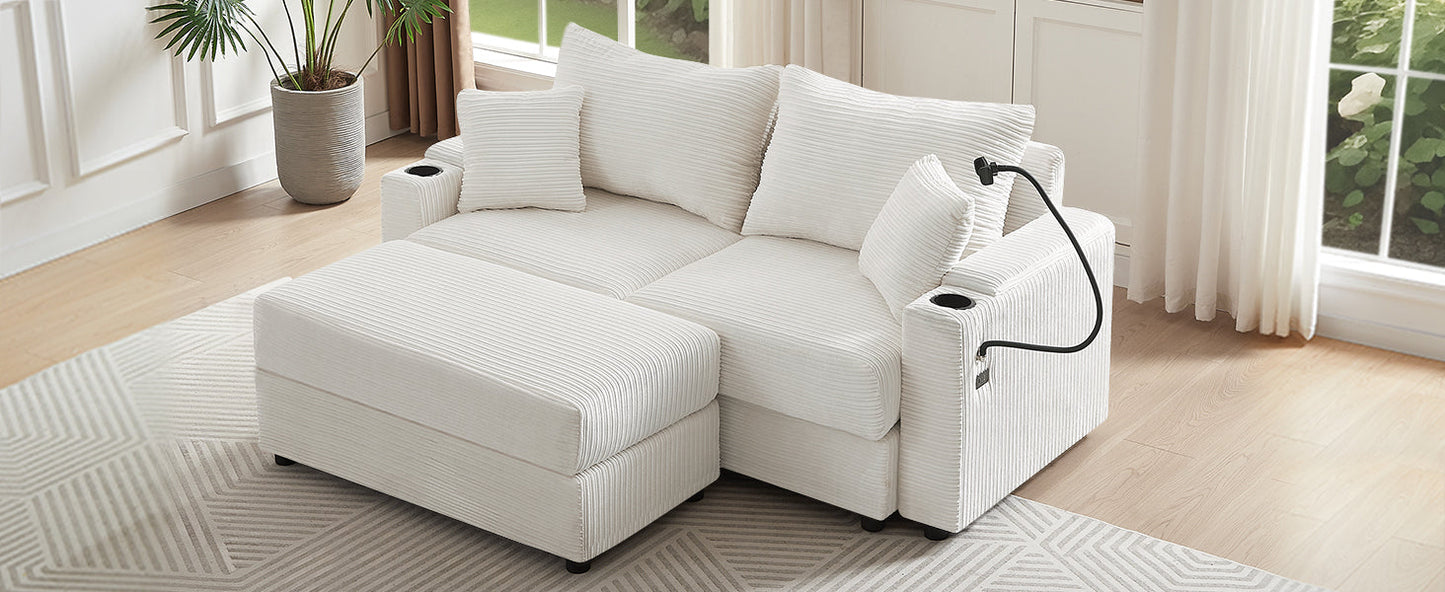 72.8" Modern Style Loveseat Sofa Sectional Sofa Couch With Storage Space, a Movable Ottoman, Two USB Ports, Two Cup Hold