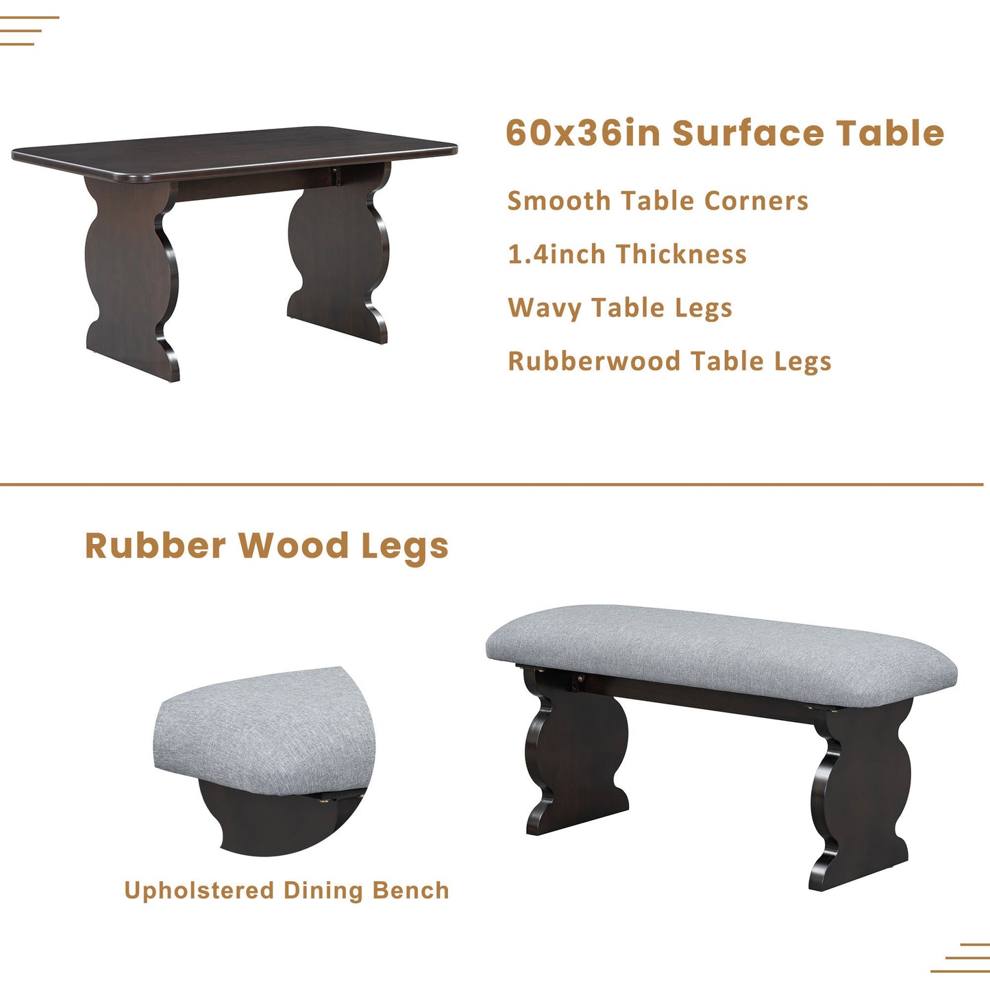 6-Piece Dining Set, Mid-Century Modern Table Set for 6 Persons With 4 Chairs and Bench, Padded Seats and Backrest
