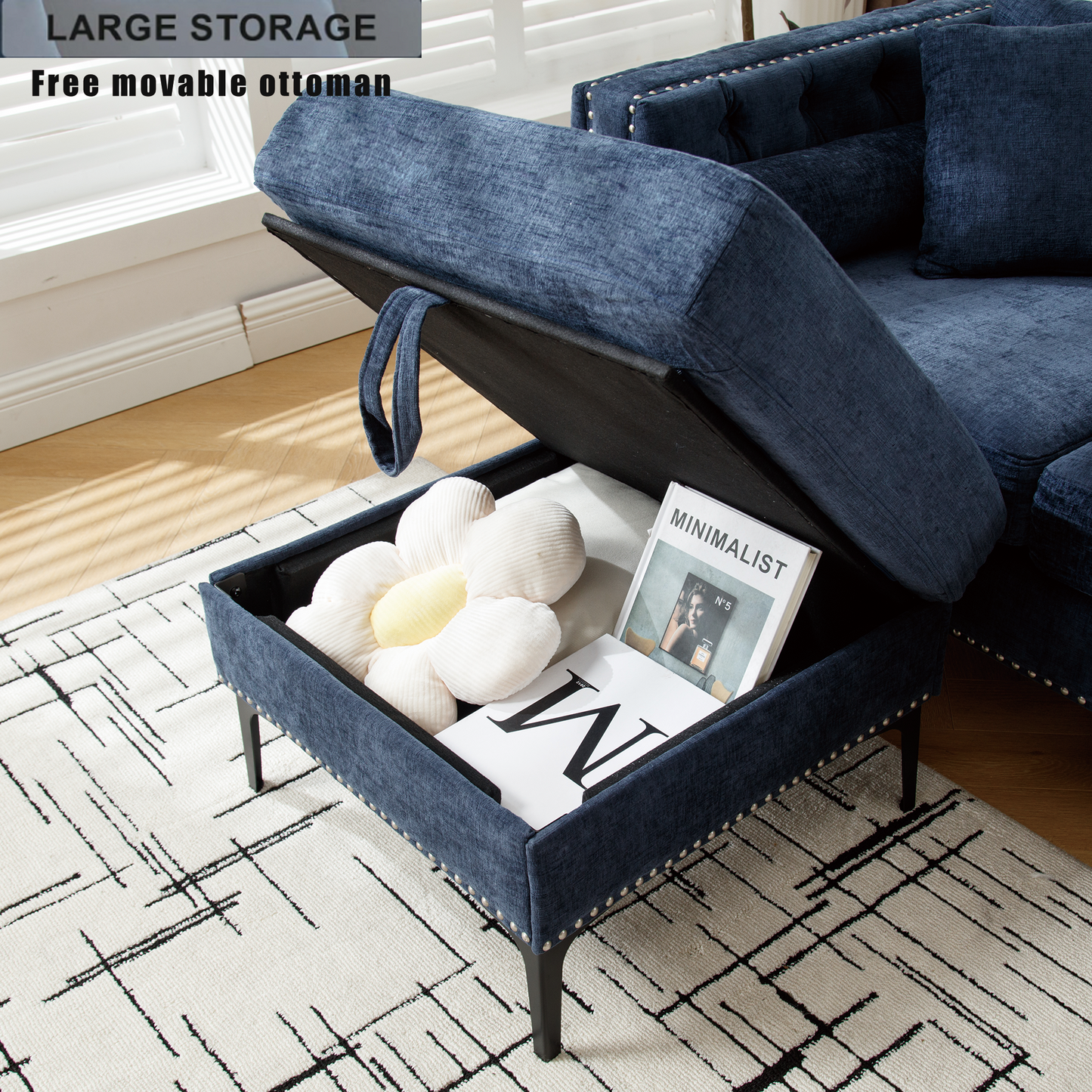 L Shaped Sectional Sofa , Convertible Storage Ottoman,Chenille ,Square Arm, Modern Tufted Couch ,3 Seater