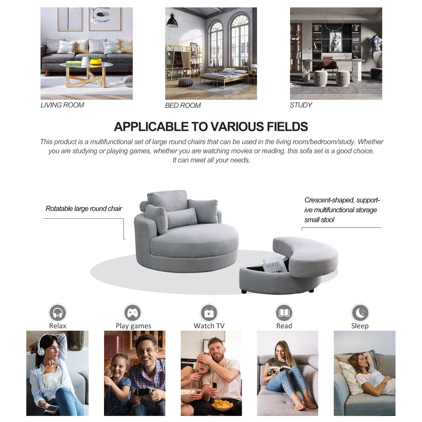 Swivel Accent Barrel Modern Grey Sofa Lounge Club Big Round Chair With Storage Ottoman Linen Fabric for Living Room
