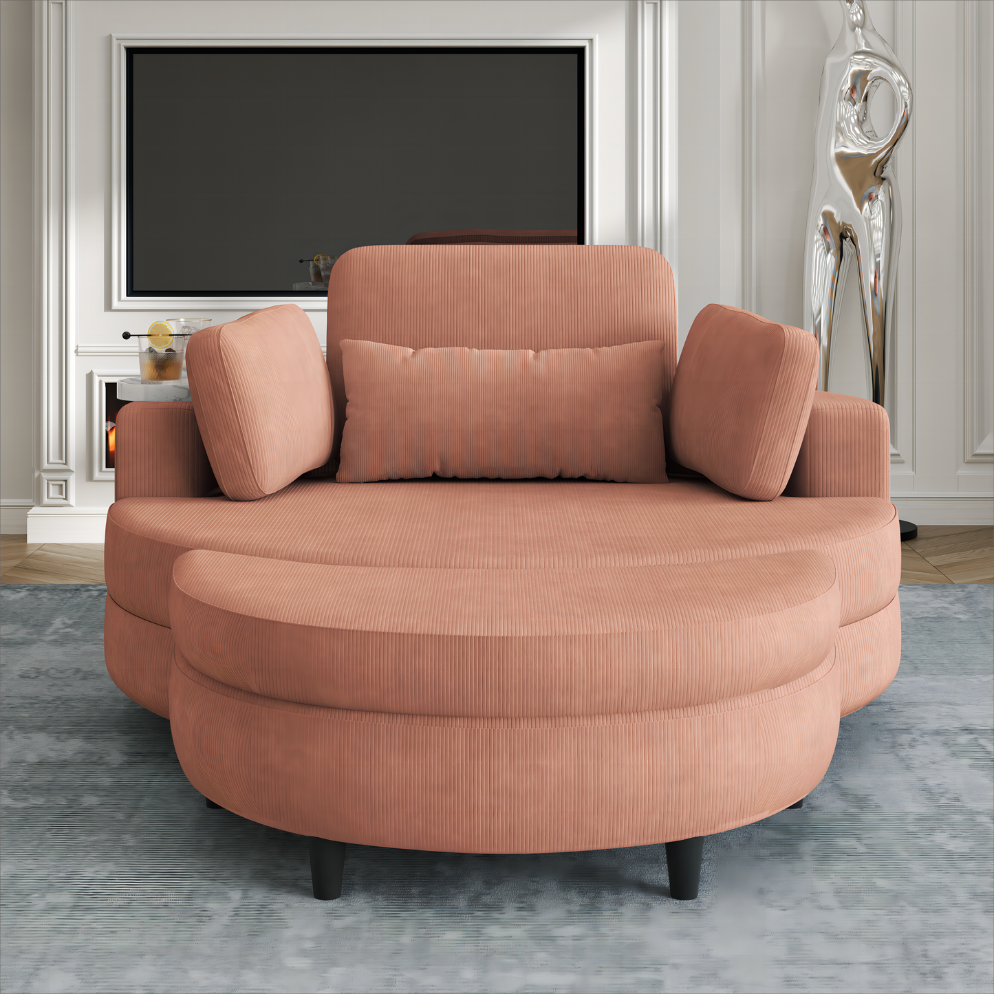 A 51-Inch Orange Corduroy Sofa With Two Throw Pillows, a Waist Pillow and an Extra Tray Is Comfortable
