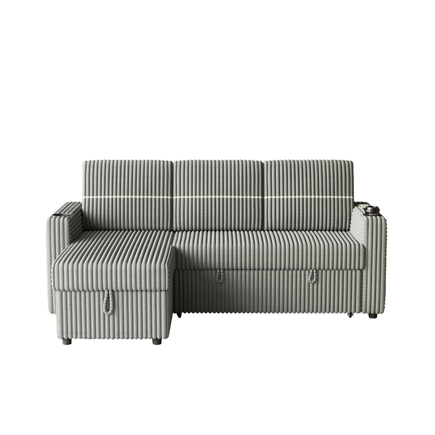 85 Inches Corduroy Sofa Bed, 3 Seater Sleeper Sofa With Storage Chaise, Square Handrail With Two Cup-Holder and USB Charger