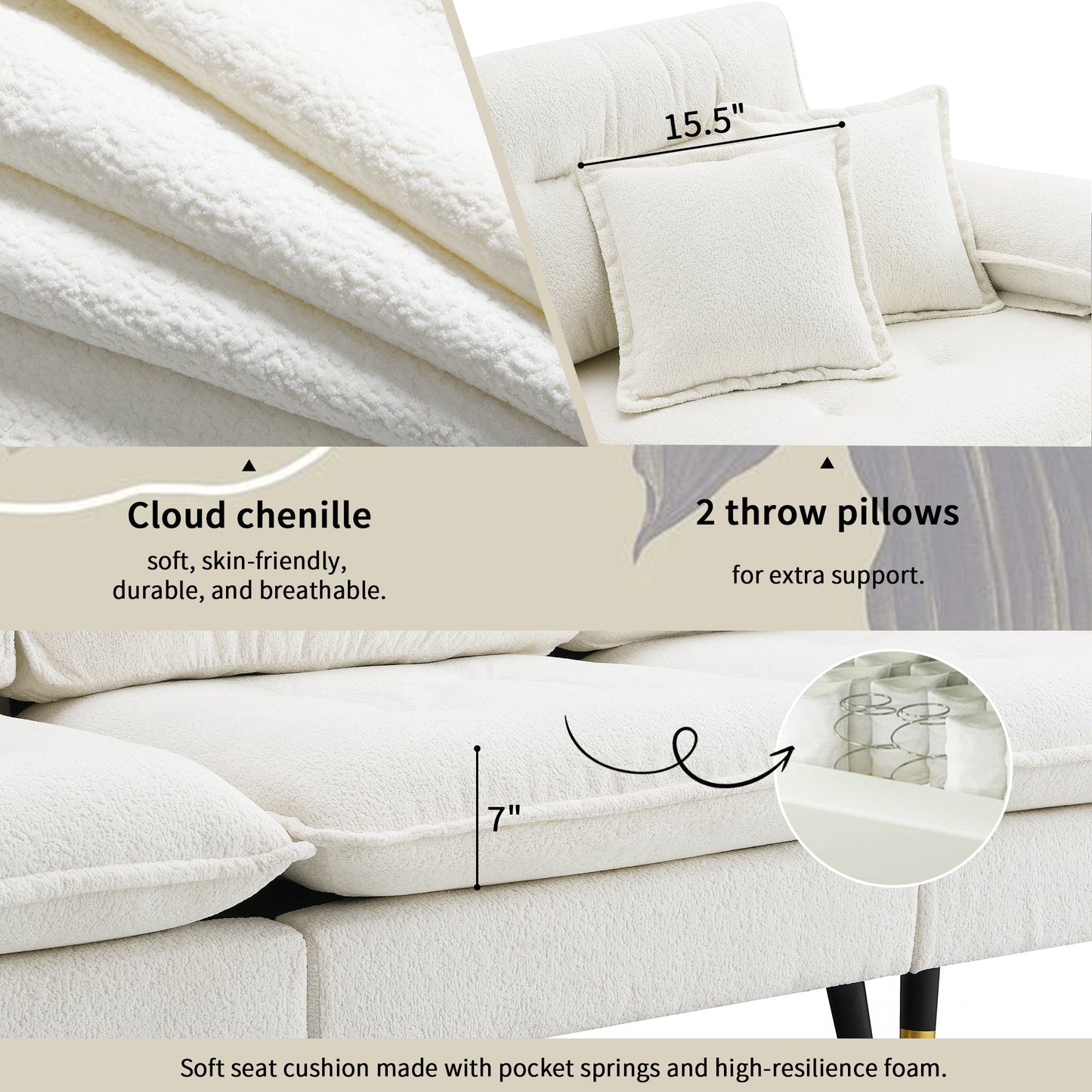 106*66.5" L Shaped Convertible Sectional Sofa,4 Seat Tufted Couch Set With Two-Tone Adjust Legs,Cloud Chenille Fabric