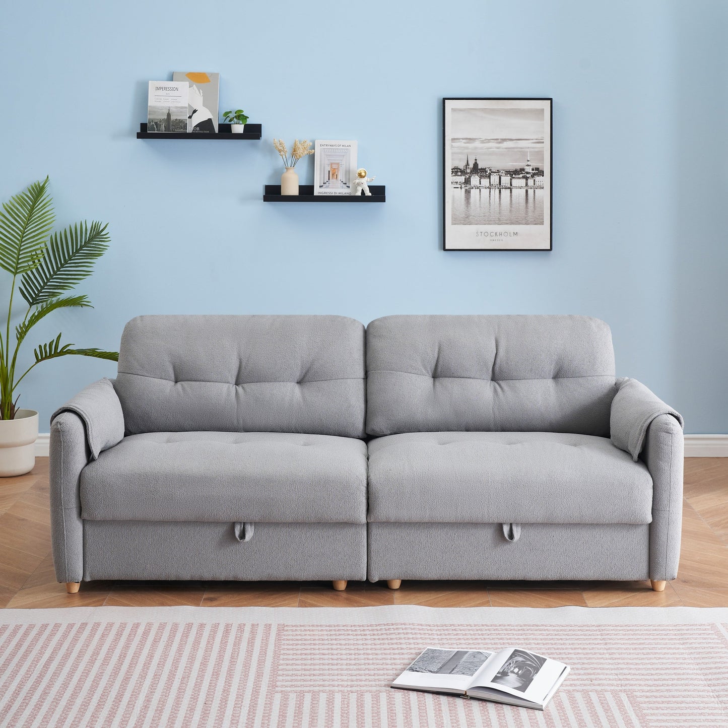 79.50 Inches Long, Teddy Cotton Linen Sofa Fabric, With Metal Conical Long Legs, Metal Strip Matching, Stylish